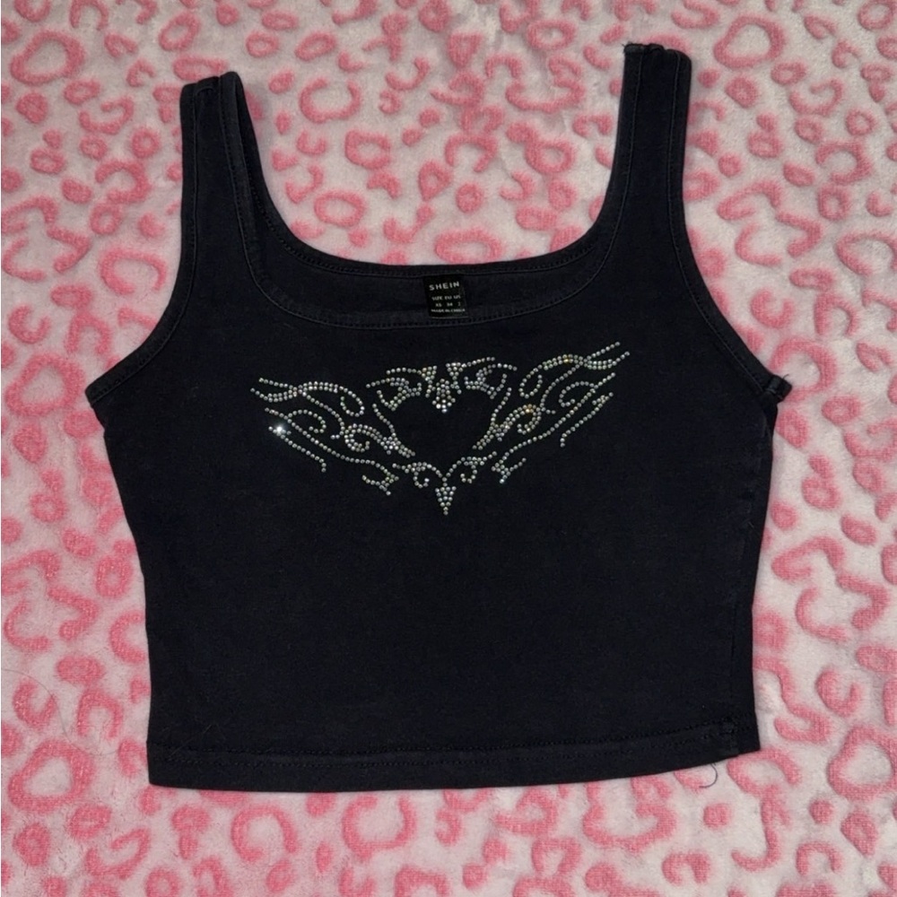 SHEIN Black Rhinestone Heart Crop Tank